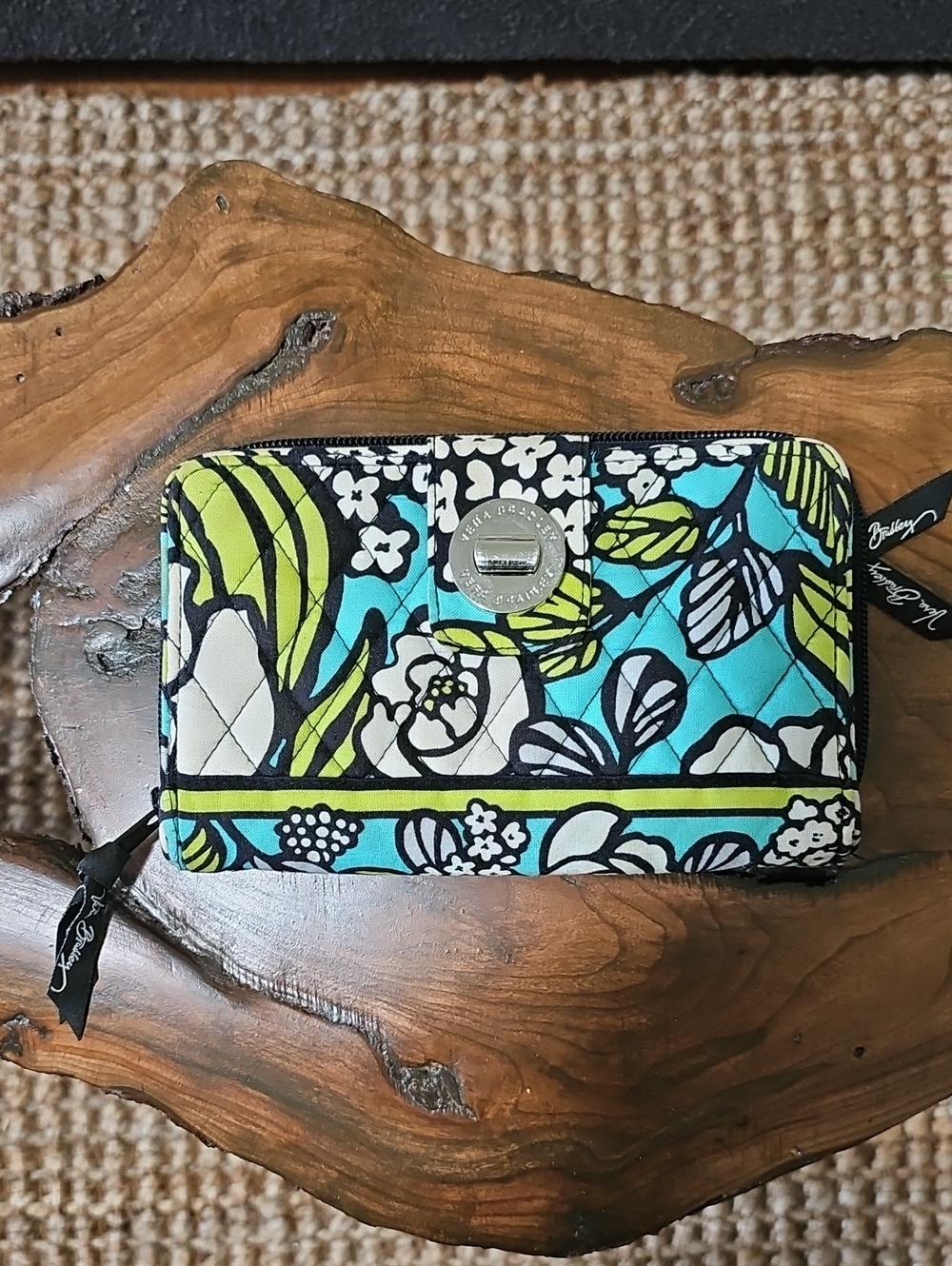 Vera Bradley Turquoise Lime Green Floral Quilted Zip Wallet